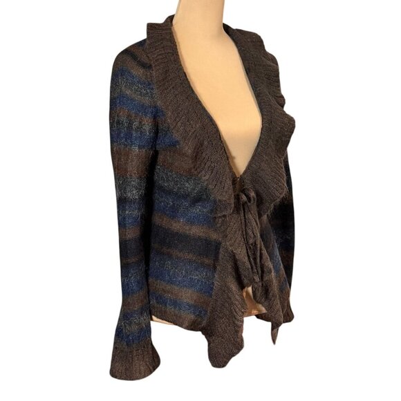 Y2K 90s Mohair Cardigan Sz.M Striped Ruffle Brown Whimsigoth Fairy Grunge Boho - Picture 9 of 14